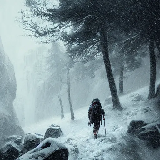Image similar to a hiker with a cape on walking thru blizzardy mountains, Matte painting , detailed painting, greg rutkowski