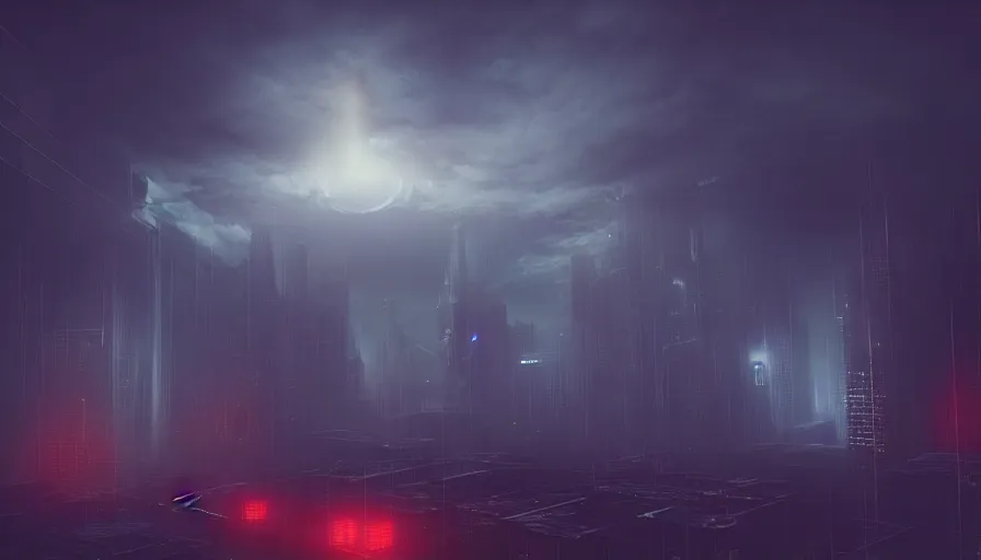 Image similar to man in sky falling through clouds over a dark cyberpunk city, digital art, volumetric lighting, dystopia, artstation, concept art, painting