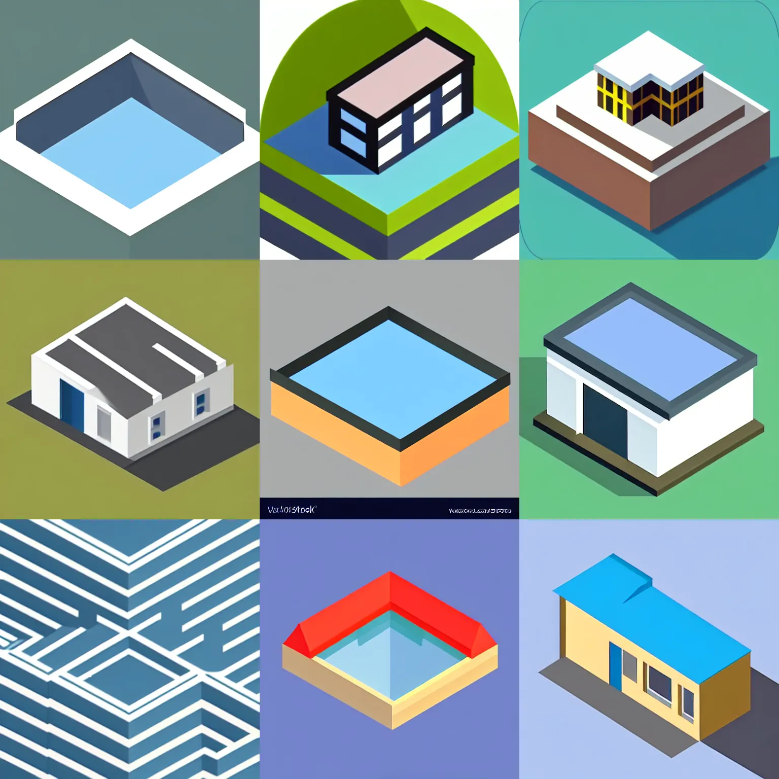 Prompt: a isometric icon of a building with [ flat roof ]