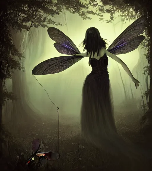 Image similar to gothic fairy with dragonfly wings, digital painting, liminal eerie midnight backlit, a picture taken by Michael Komarck and Daniel Ljunggren