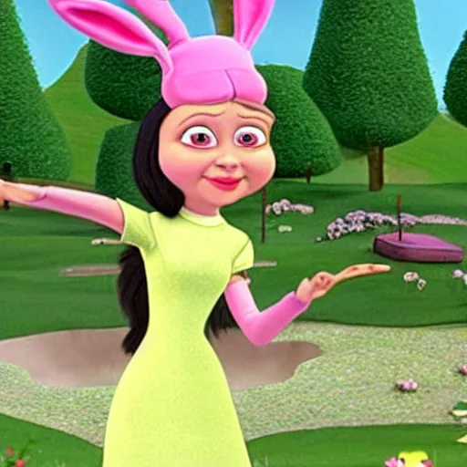 Image similar to A still of Louise Belcher in Shrek (2001), wearing a pink bunny ears hat and green dress, black hair