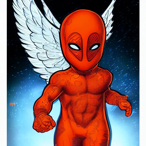 Prompt: A Cherub angel wearing an orange balaclava, marvel comics, dark, intricate, highly detailed, smooth, artstation, digital illustration by Mark Bagley