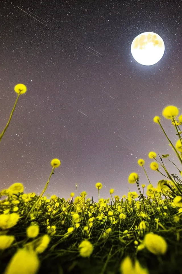 Prompt: low angle, shot from below. two very large moons in night sky. milky way in the night sky. meteor shower. field of big frozen yellow flowers. f 1. 8 lens, lens flare, bokeh. high detail