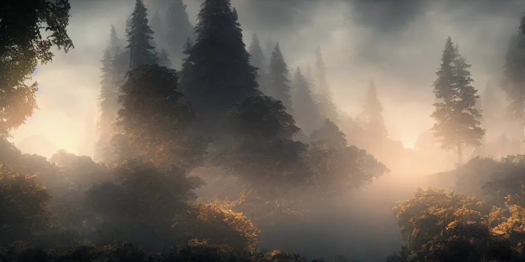 Image similar to wallpaper, landscape, volumetric lighting, epic, mystical