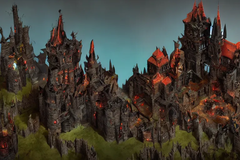 Image similar to big evil castle - city rock dark shadow elves, might and magic heroes vii, dark fantasy, shadows, artstation trending, unreal engine 5, red