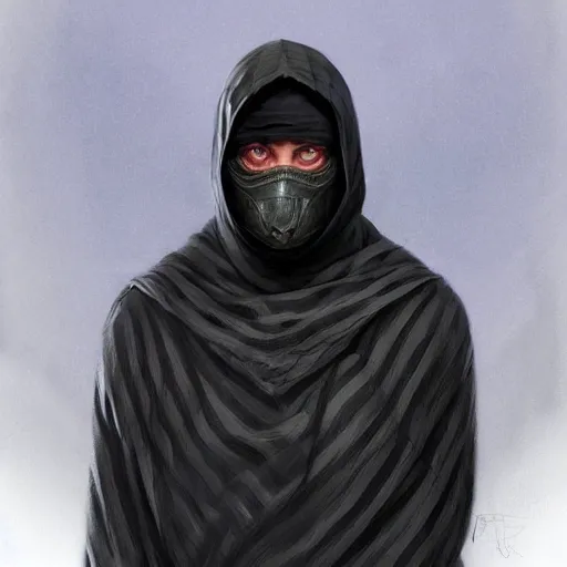 Image similar to ultra realistic illustration, man in a black hood, in a striped purple balaclava, mysterious, highly detailed, digital painting, artstation, concept art, smooth, sharp focus, illustration, art by artgerm and greg rutkowski and alphonse mucha