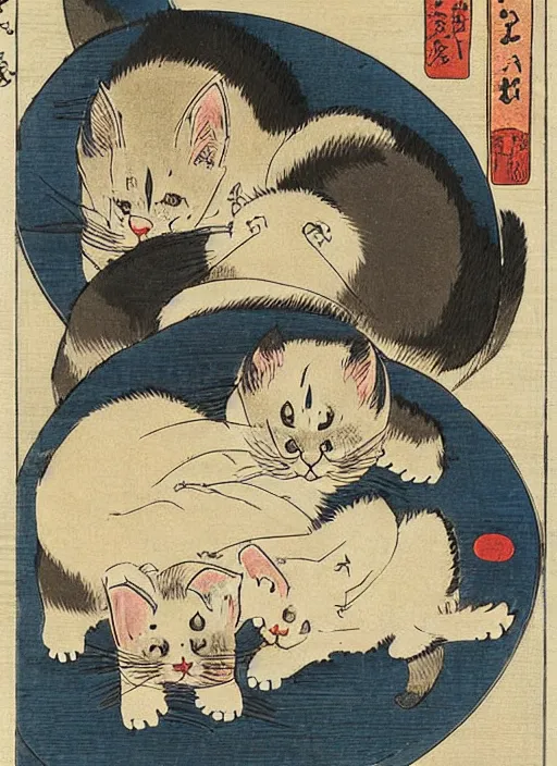 Image similar to a cat with 2 baby cats of utagawa hiroshige