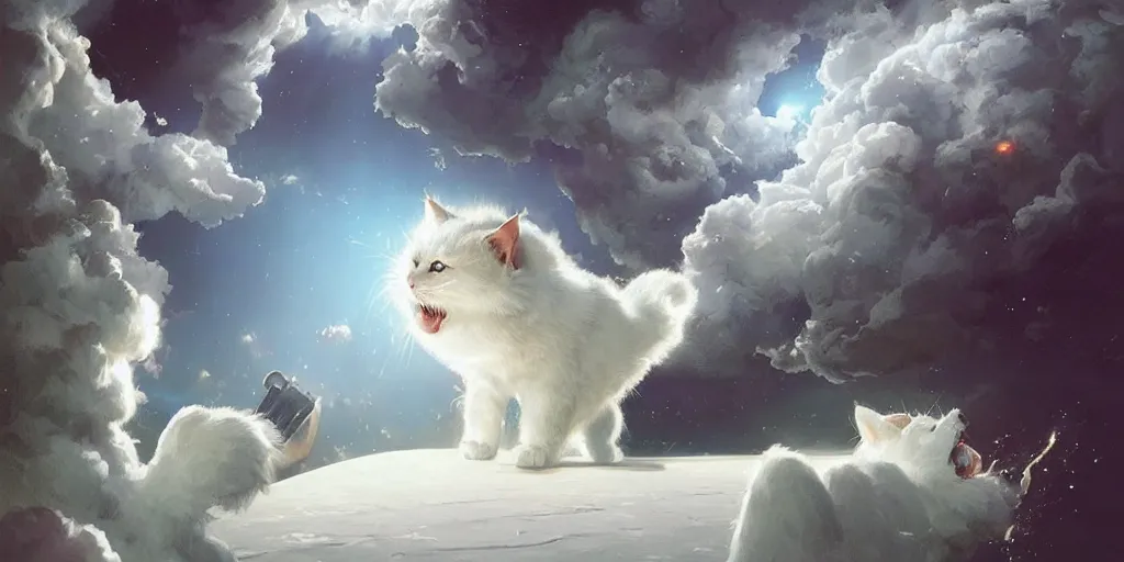 Image similar to a sending down [ of the revelation ] from a white fluffy cat who created the earth and the lofty heavens, overdetailed art, by greg rutkowski, by rhads, sharp focus