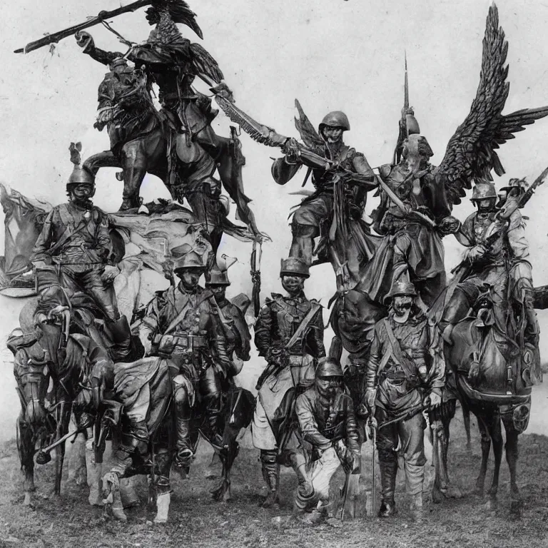 Image similar to US cavalry soldiers pose in front of an archangel as the the one with the flaming sword 1900.