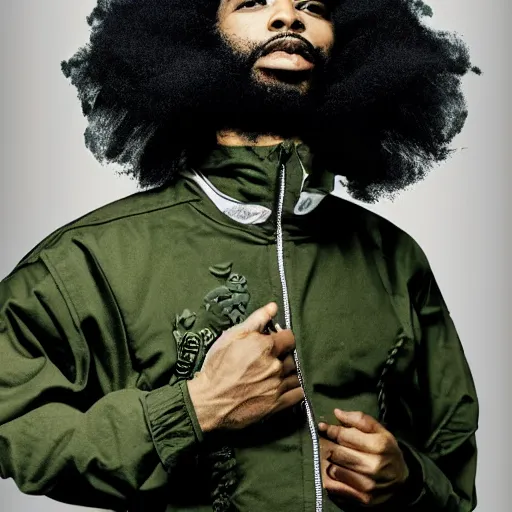 Image similar to black man with afro hair and raspy beard stubble, wearing an army green adidas jacket by dave mckean