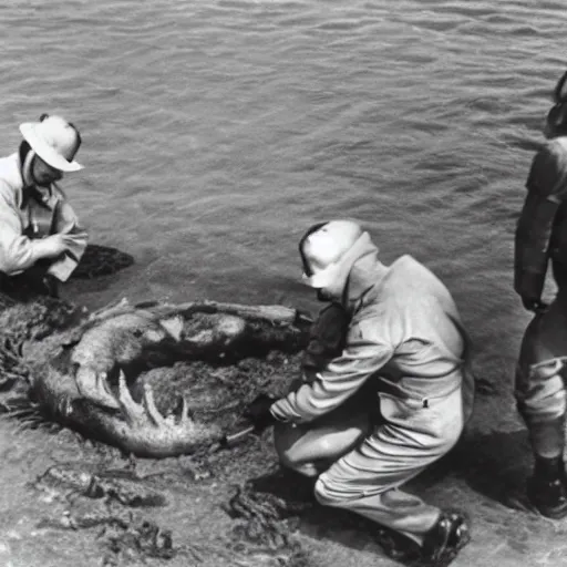 Prompt: 1940s photo, long shot, German soldiers examine yellow chemical protective suits on a giant creature washed up on a beach.