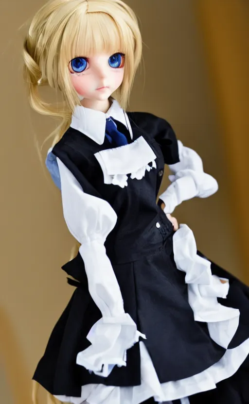 Image similar to dollfie in school uniform, blonde hair, blue eyes, black skirt and white blouse