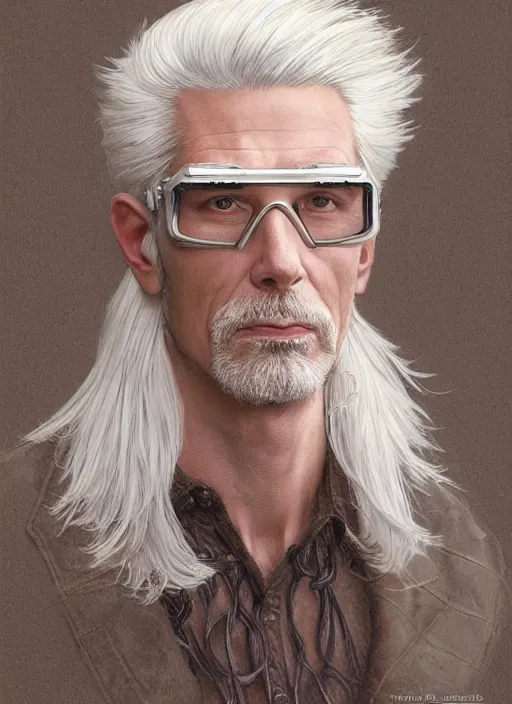 Image similar to a ruggedly handsome young man with white hair and safety goggles, intricate, elegant, highly detailed, centered, digital painting, artstation, concept art, smooth, sharp focus, illustration, art by todd lockwood and donato giancola and Joseph Christian Leyendecker