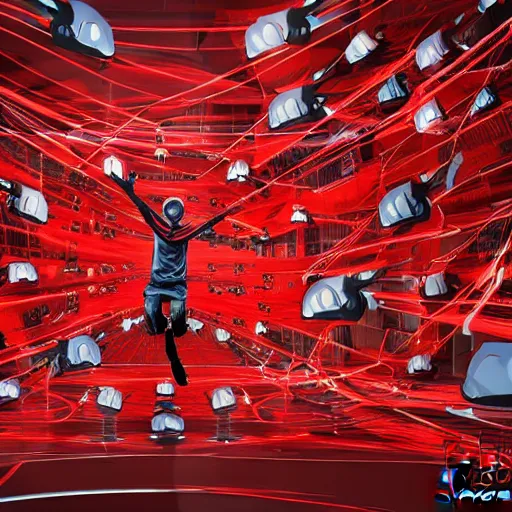 Prompt: man in red hoodie jumping over army of robots, digital art, dynamic, realistic reflections