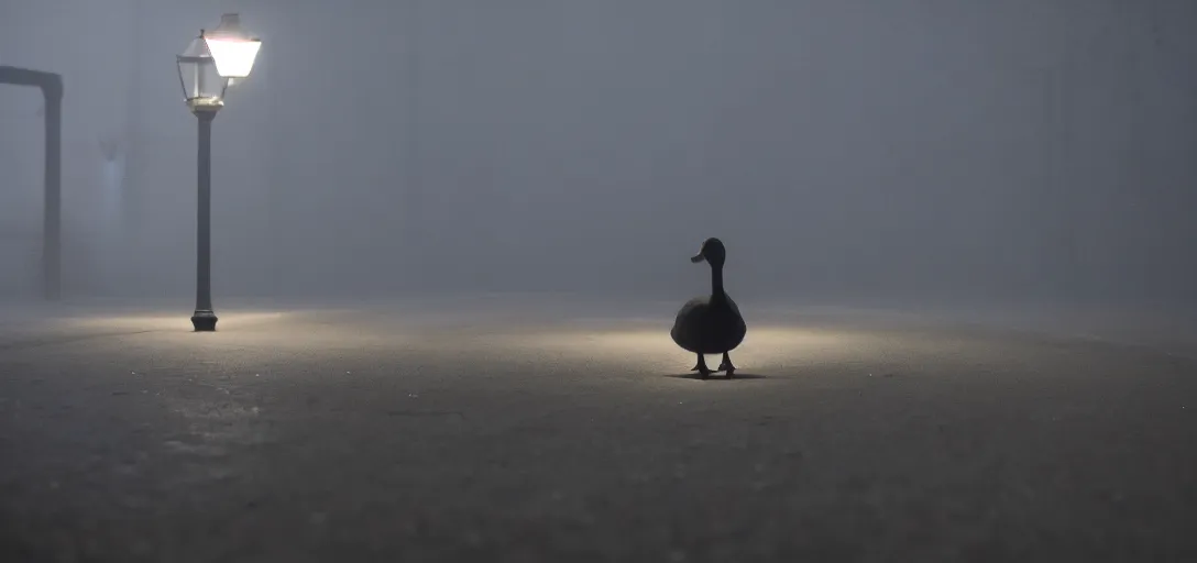 Image similar to close - up of a lonely duck under a street light, fog, cinematic shot, still from a movie by bong joon - ho