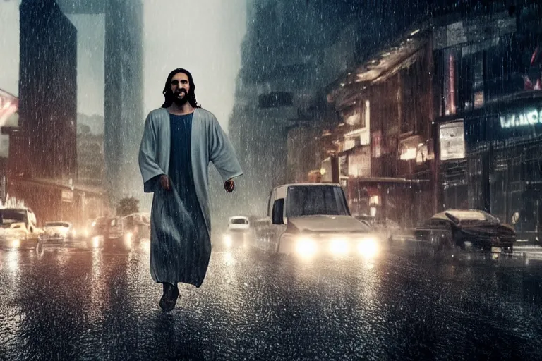 Prompt: a cinematic photograph of jesus driving through a dystopian city street, rain falls, ultra realistic, high definition