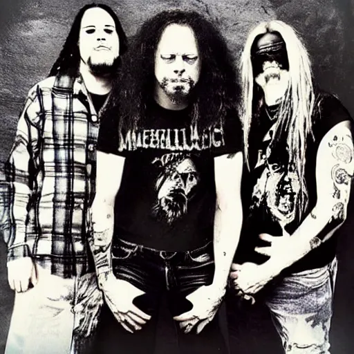 Image similar to Metallica reimagined as a grunge band, grunge-tallica, 1993, flannel shirts, Metallica