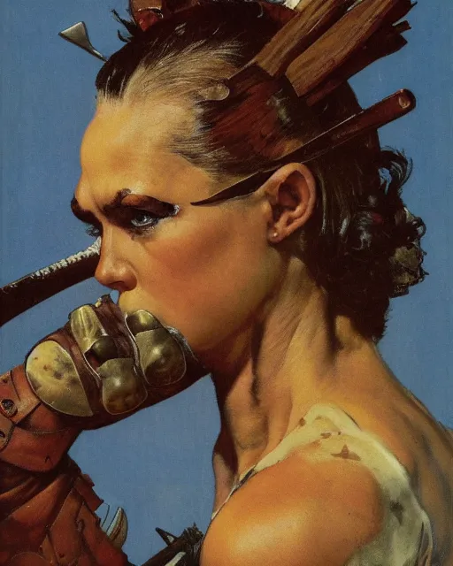 Prompt: frontal portrait of a savage muscular barbarian female with leather armor, by norman rockwell