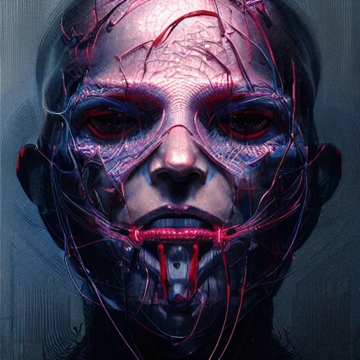 Image similar to portrait art of an ultradetailed evil cyborg made of neuronal networks, by greg rutkowski and Zdzisław Beksiński, digital painting, 8k, intricate, futuristic, dramatic light, trending on cg society