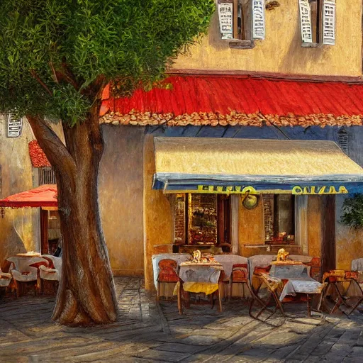 Image similar to a traditional pizzeria in the street of a small village on the riviera. a terrace in the shade of a hundred - year - old olive tree, a friendly atmosphere around pizzas and rose wine. dolce vita. unreal engine rendering, hyper realist, ultra detailed, oil painting, warm colors, happy, impressionism, da vinci, 4 k,