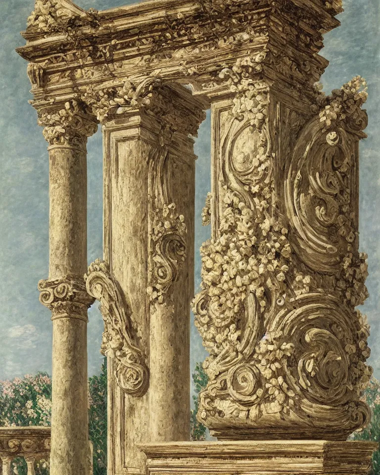 Image similar to achingly beautiful painting of intricate ancient roman corinthian capital on floral background by rene magritte, monet, and turner. giovanni battista piranesi.