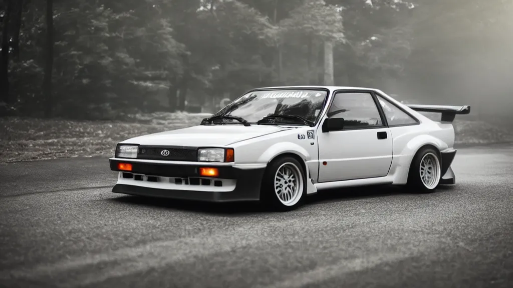 Image similar to a 1 9 8 3 takumi fujiwara's toyota ae 8 6 with carbon hood, cinematic, nikon d 7 5 0, long exposure, white balance, 8 k, led, lumen global illumination, fog, ray tracing reflections, fxaa, rtx, post - production