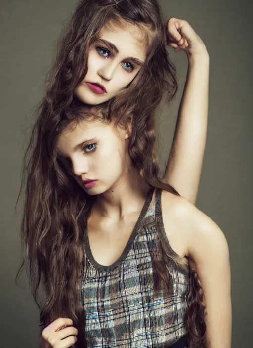 Prompt: petite gorgeous teen girl in plaid mini skirt and crop top tank top, beautiful face, intricate, extremely detailed, modeling photography, 8 0 mm camera, dramatic lighting, dark room, body and face