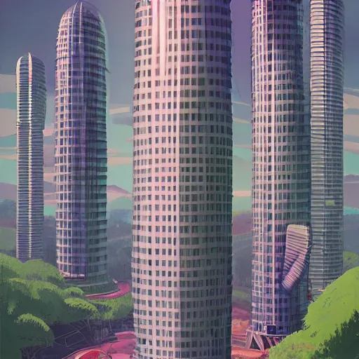 Prompt: tall futuristic buildings by Yusei Uesugi and Simon Stålenhag