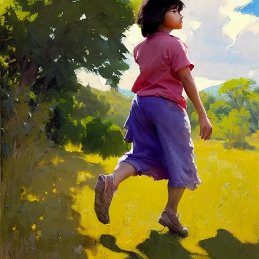 Image similar to Greg Manchess painting of dora the explorer, countryside, fantasy character portrait, dynamic pose, above view, sunny day, thunder clouds in the sky, artwork by Jeremy Lipkin and Giuseppe Dangelico Pino and Michael Garmash and Rob Rey, very coherent asymmetrical artwork, sharp edges, perfect face, simple form, wacky, 100mm