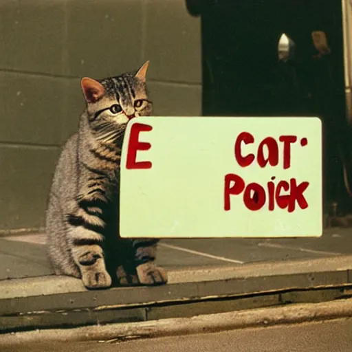 Prompt: cute cat holding sign kodak portra 4 0 0 color negative film