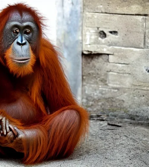 Image similar to An elderly Orangutan in a tailored suit admires his lovely haircut