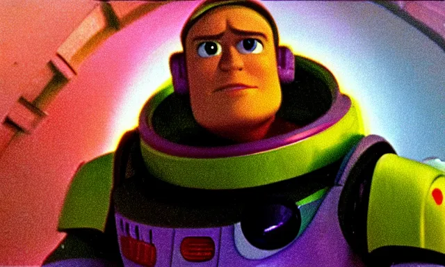 Image similar to full - color cinematic movie still from a 1 9 6 8 science - fiction film by stanley kubrickstarring buzz lightyear in a space - station. detailed facial - features ; epic ; artistic ; oscar - winning.