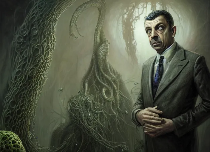 Image similar to lovecraft biopunk portrait of rowan sebastian atkinson, fractal background, anthropomorphic cthulhu behind him, by tomasz alen kopera and peter mohrbacher