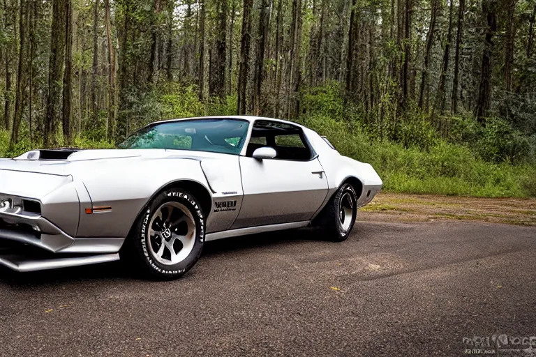 Image similar to pontiac firebird trans - am with black paint, sunrise, eerie light, fireflies, dog watching the car, dramatic, cinematic, forest, horror, sunbeams, volumetric lighting, wide shot, low angle, lightning storm hitting the car, ground cracking open to reveal a portal to hell