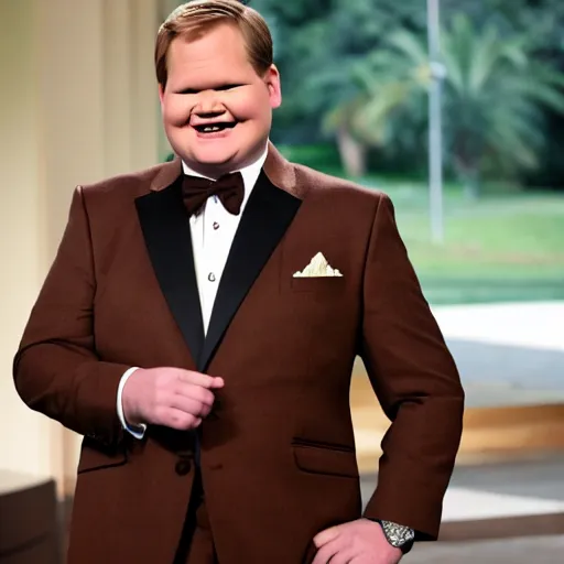 Image similar to Andy Richter is wearing a chocolate brown suit and necktie. He is waking up in his bed on a new bright morning, stretching his arms and his mouth is wide open with a yawn
