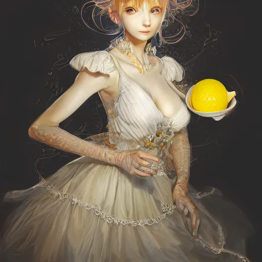 Image similar to the portrait of an absurdly beautiful, graceful, elegant, sophisticated, young perky girl made up of lemons, an ultrafine hyperdetailed illustration by kim jung gi, irakli nadar, intricate linework, bright colors, octopath traveler, final fantasy, unreal engine 5 highly rendered, global illumination, radiant light, detailed and intricate environment