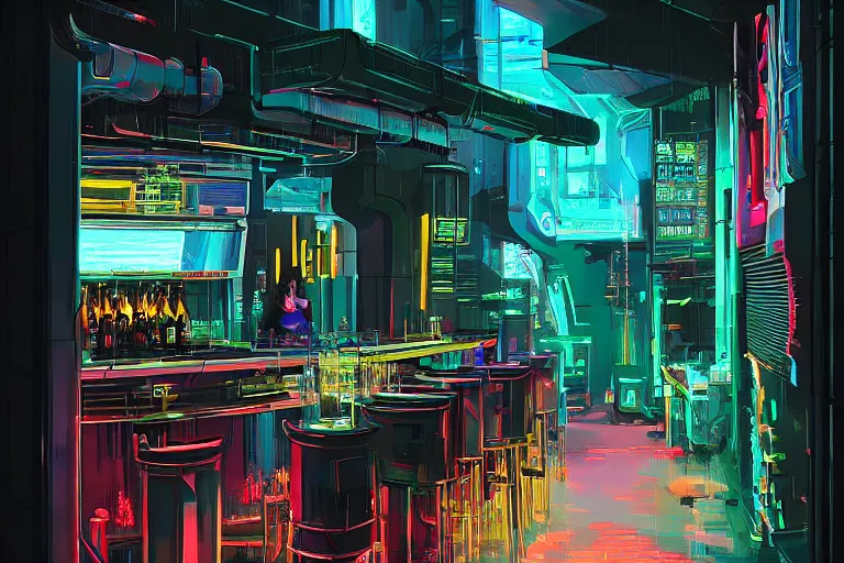 Prompt: cyberpunk cocktail bar by Vincent Di Fate