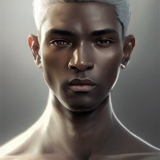 Image similar to ultra realistic illustration, young man with dark gray skin, short white hair, intricate, elegant, highly detailed, digital painting, artstation, concept art, smooth, sharp focus, illustration, art by artgerm and greg rutkowski and alphonse mucha