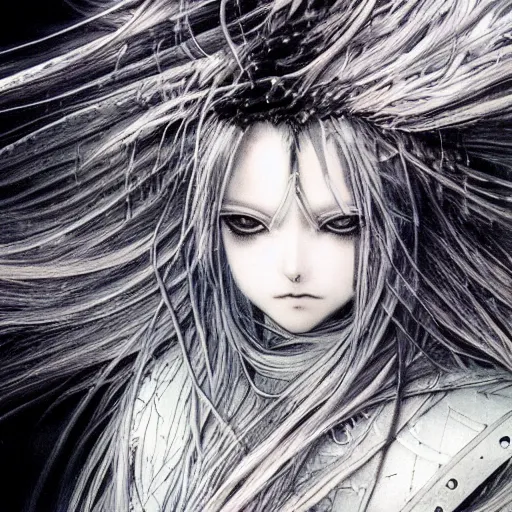 Image similar to Yoshitaka Amano blurred and dreamy illustration of an anime girl with wavy white hair fluttering in the wind and cracks on her face wearing elden ring armour with the cloak, abstract black and white patterns on the background, noisy film grain effect, highly detailed, Renaissance oil painting, weird portrait angle