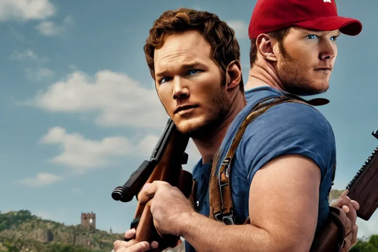 Image similar to a photo of chris pratt wearing a red cap and blue overalls carrying a shotgun, photorealistic, 8 k, castle background