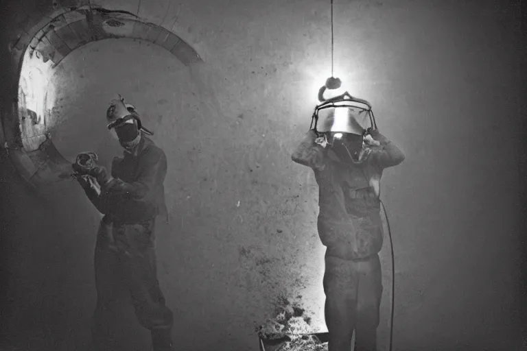 Prompt: welder wearing welding mask hiding in a sewage pipe, ominous lighting, by richard avedon, tri - x pan stock