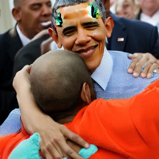 Image similar to president obama solemnly hugging a man dressed in a scooby doo costume