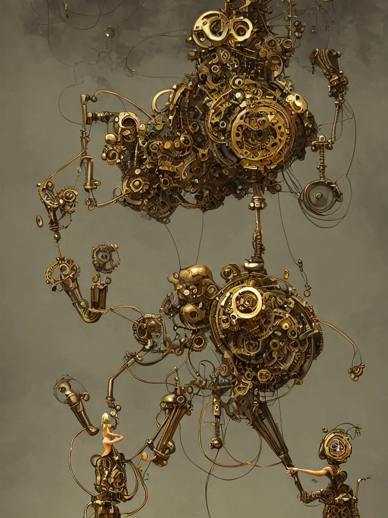 Image similar to mechanical clockwork character made of gold and hanging by wires in a dark room, created by peter mohrbacher, photorealistic, puppet, strings, 8 k