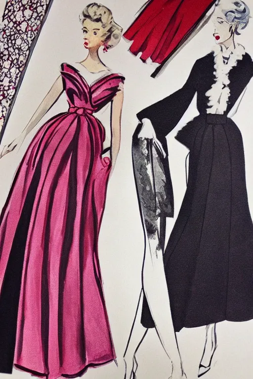 Image similar to a detailed fashion illustration of a 5 0 s hostess gown