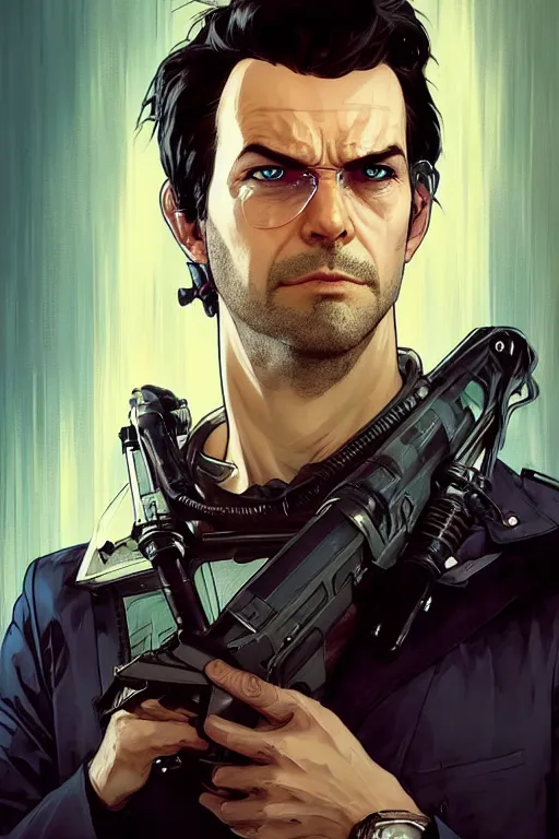 Prompt: gta him halpert as aeon flux profile picture by greg rutkowski, mad max, dynamic pose, intricate, futuristic, fantasy, elegant, by stanley artgerm lau, greg rutkowski, thomas kindkade, alphonse mucha, loish, norman rockwell, fantasy lut, asymmetric, long hair, retro computer graphics, video game, fluid lines,