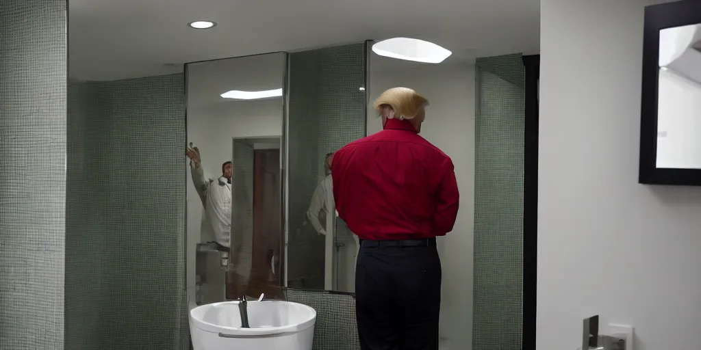 Image similar to ultra wide angle photo of donald trump dressed in a a green flannel shirt and black dress pants as clark kent looking at himself in a bathroom mirror and seeing his reflection as superman