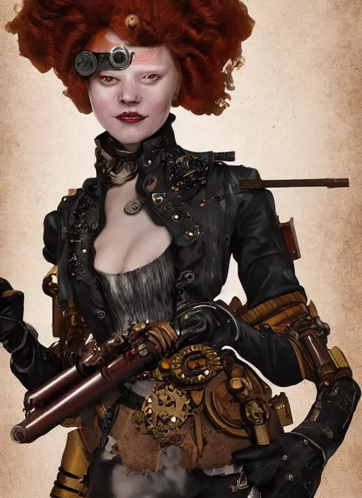 Image similar to 8K, realistic ginger Lady Mechanika as a Marvel comic book character holding a shotgun and wearing victorian goggles in a ultradetailed Steampunk scenary, 8k render, zbrush, D&D style, smooth, sharp focus, illustration. Art by Artgerm and Pete Tapang and Kago Shintaro. Trending on artstation, featured in Deviantart, detailed, intricate, cinematic lighting,