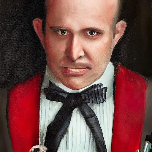 Image similar to photo realistic picture of older fantasy butler that looks similar to michael kane, handsome, 4 k, oil painting filter, balding, well dressed, full body portrait, pet rat on shoulder