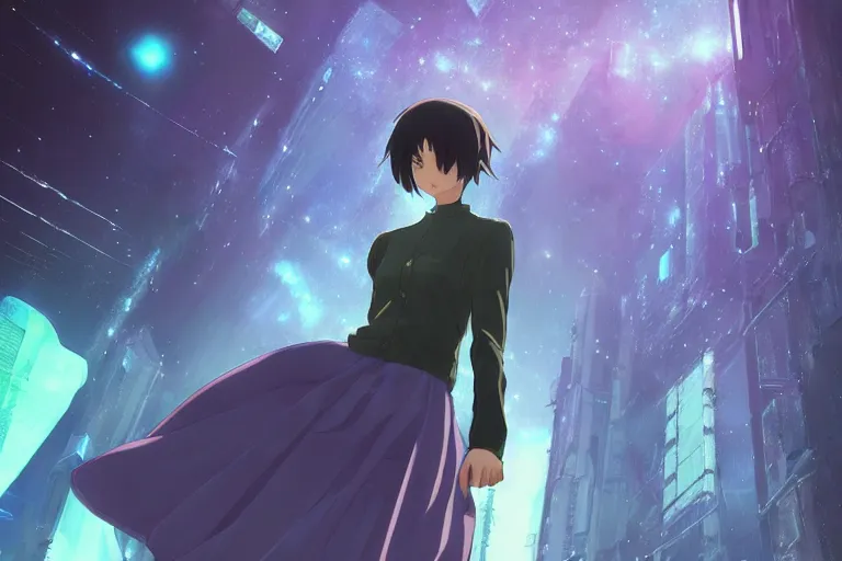 Prompt: makoto shinkai. robotic android girl. futuristic cyberpunk dystopia. vibrant nebula sky. Long skirt