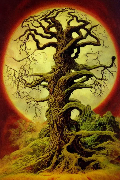 Prompt: Painting of Yggdrasil the tree of life by Frank Frazetta and Richard Corben, oils and airbrush, digital art